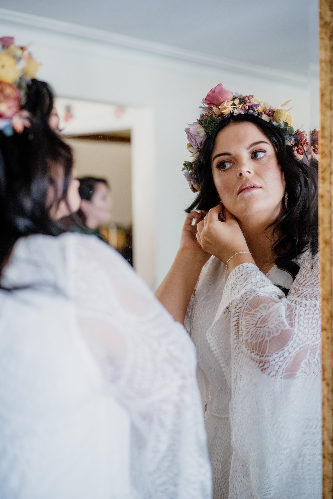 Bride getting ready photo. Jillian Franklin Couture wedding dress. Lace bridal dress by Jillian Franklin, Albury.