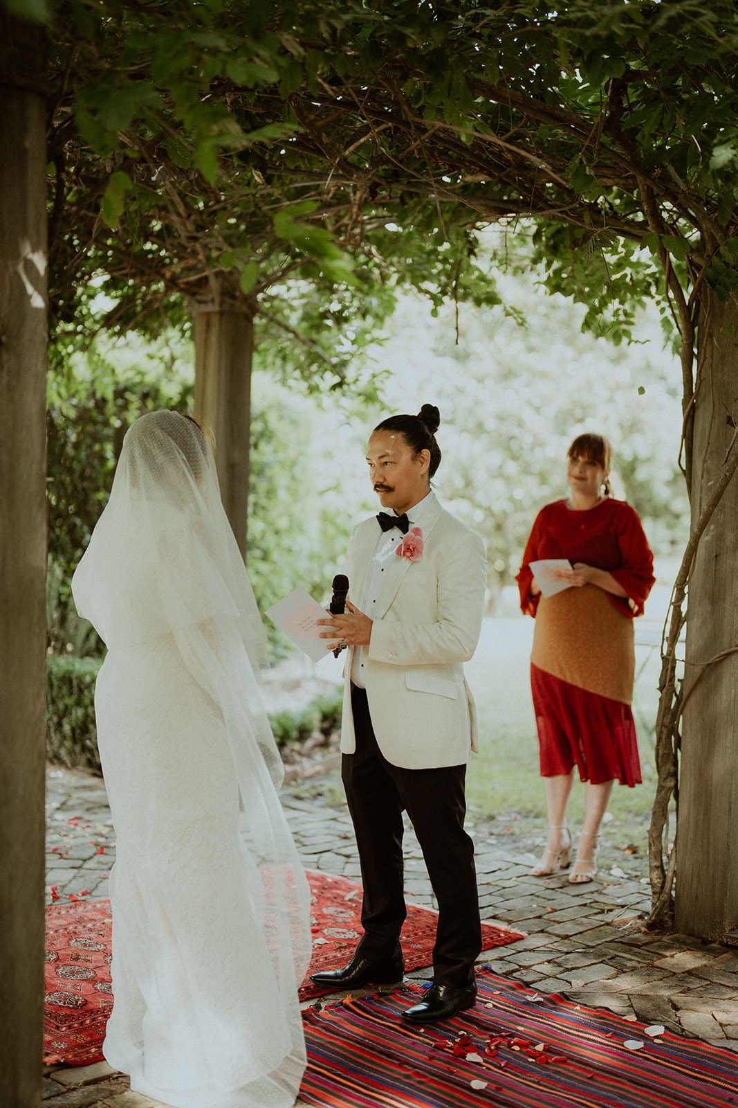 Bride and groom, exchanging vows at Worrowing Estate Wedding