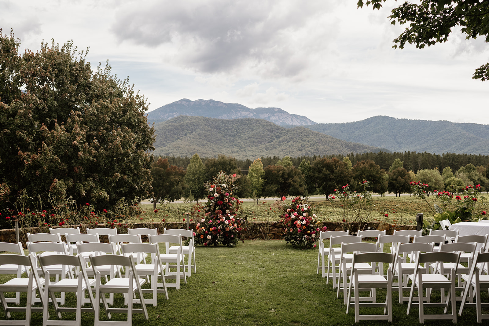 Natural wedding ceremony setup at Feathertop Winery in Porepunkah. Outdoor wedding ceremony at Feathertop Winery.