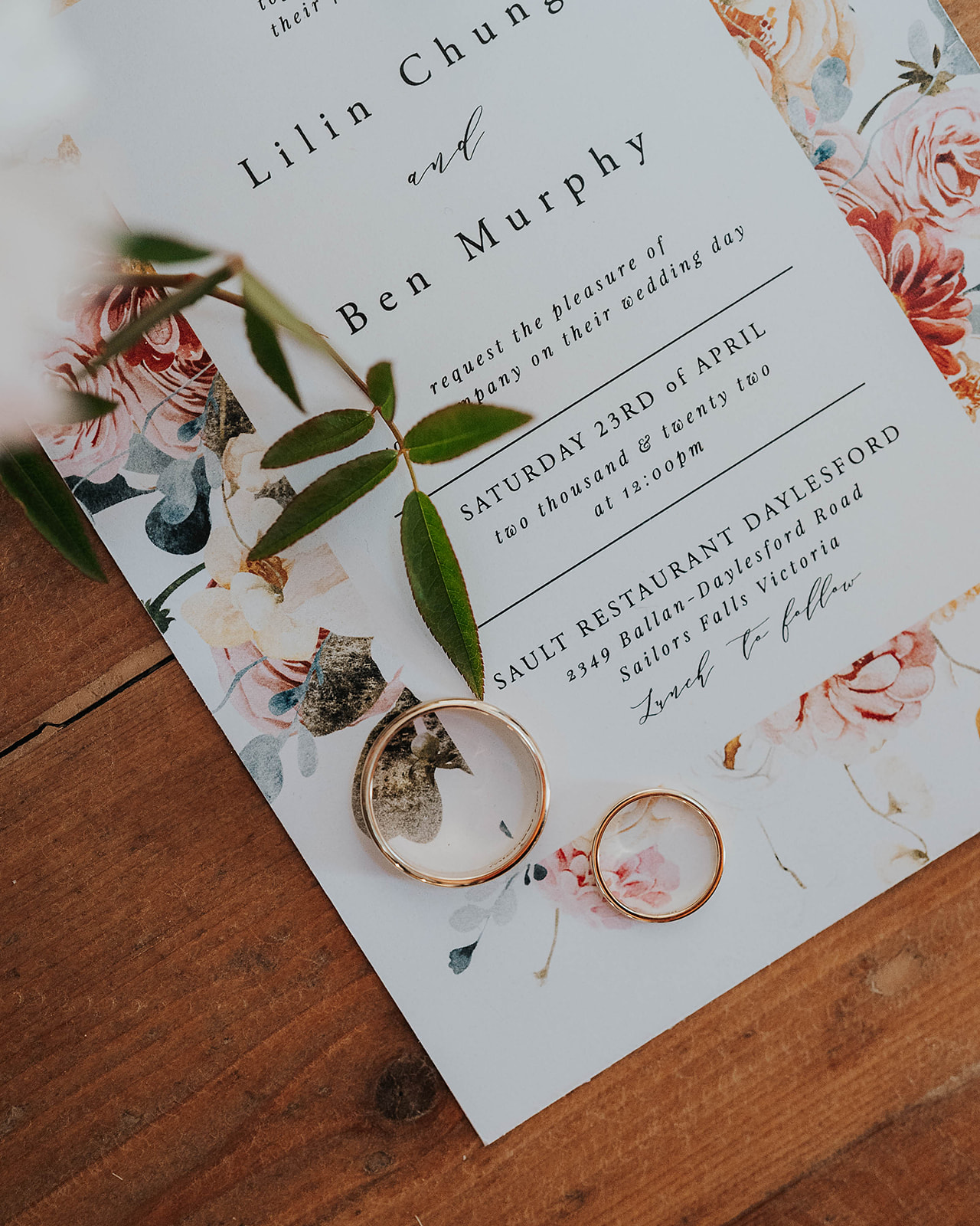 Wedding flat lay with invitations, rings and wedding bouquets. 