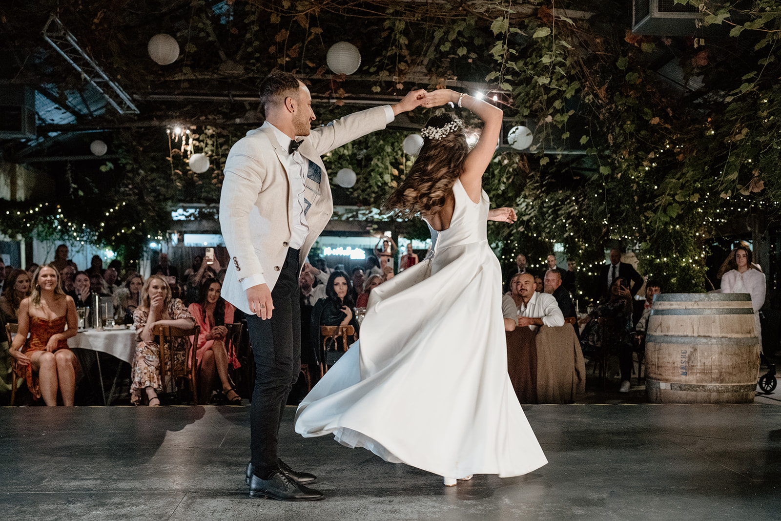 Bride and groom dancing, Radcliffe's. Indoor wedding reception at Radcliffe's Conservatory Garden. Echuca wedding.
