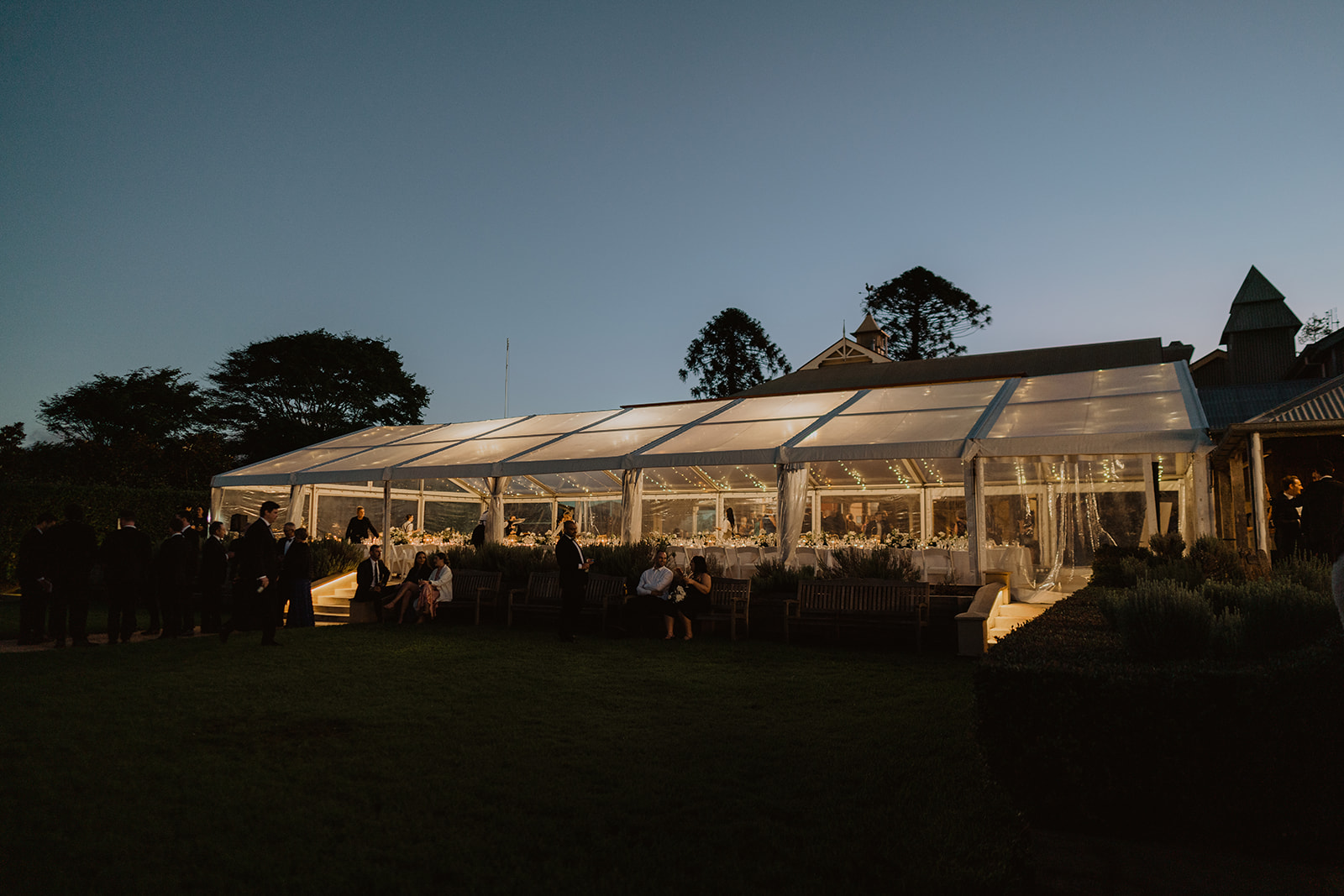 reception under the stars in a clear marquee at flaxton gardens 