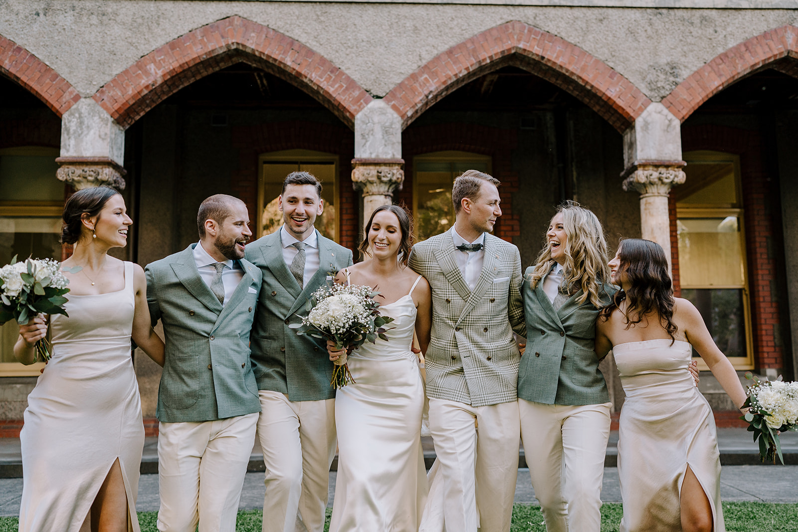 Bridal party having a laugh during the portrait session at Abbotsford Convent