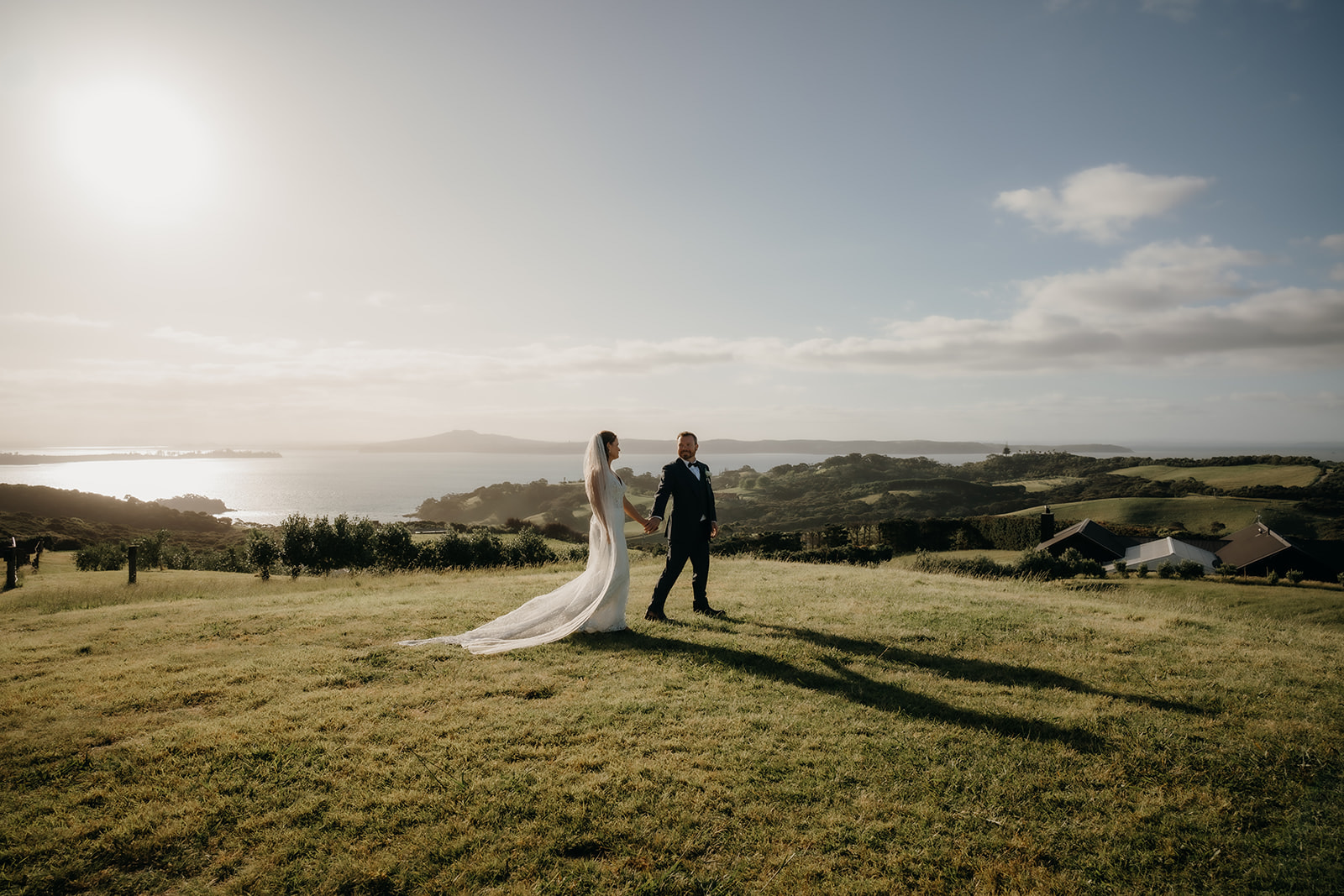 a wedding couple on top of a hill at mud-brick on waiheke at sunset 