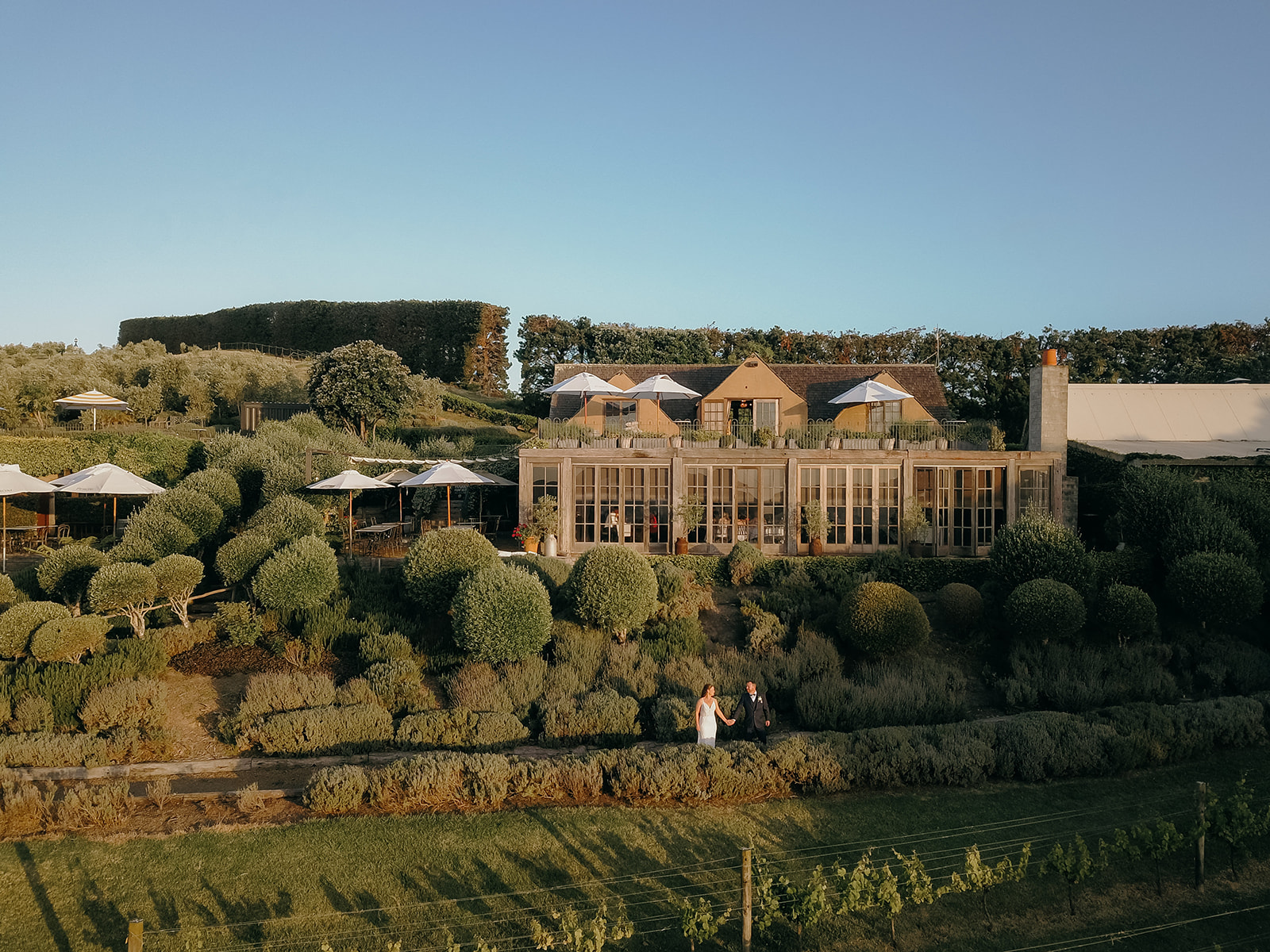 drone photo of mudbrick wedding venue on waiheke with bride and groom standing out the front in the vines 