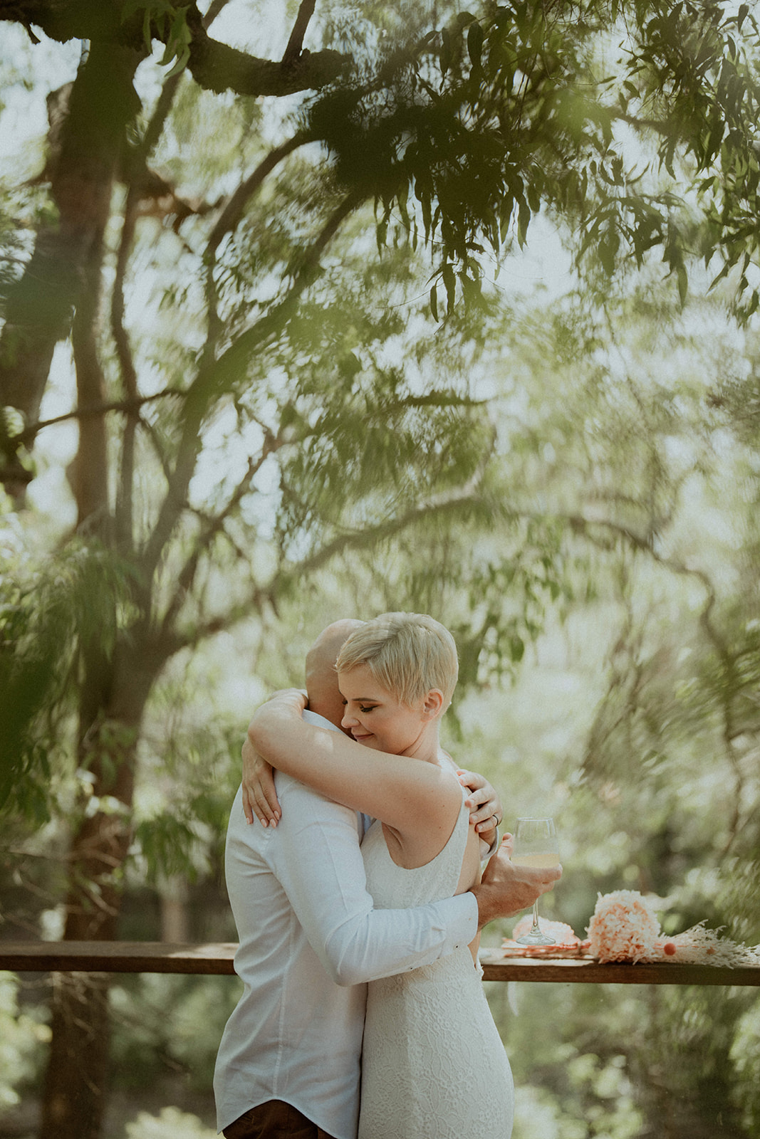 Bride and groom hug after their vows in Kangaroo Valley wedding