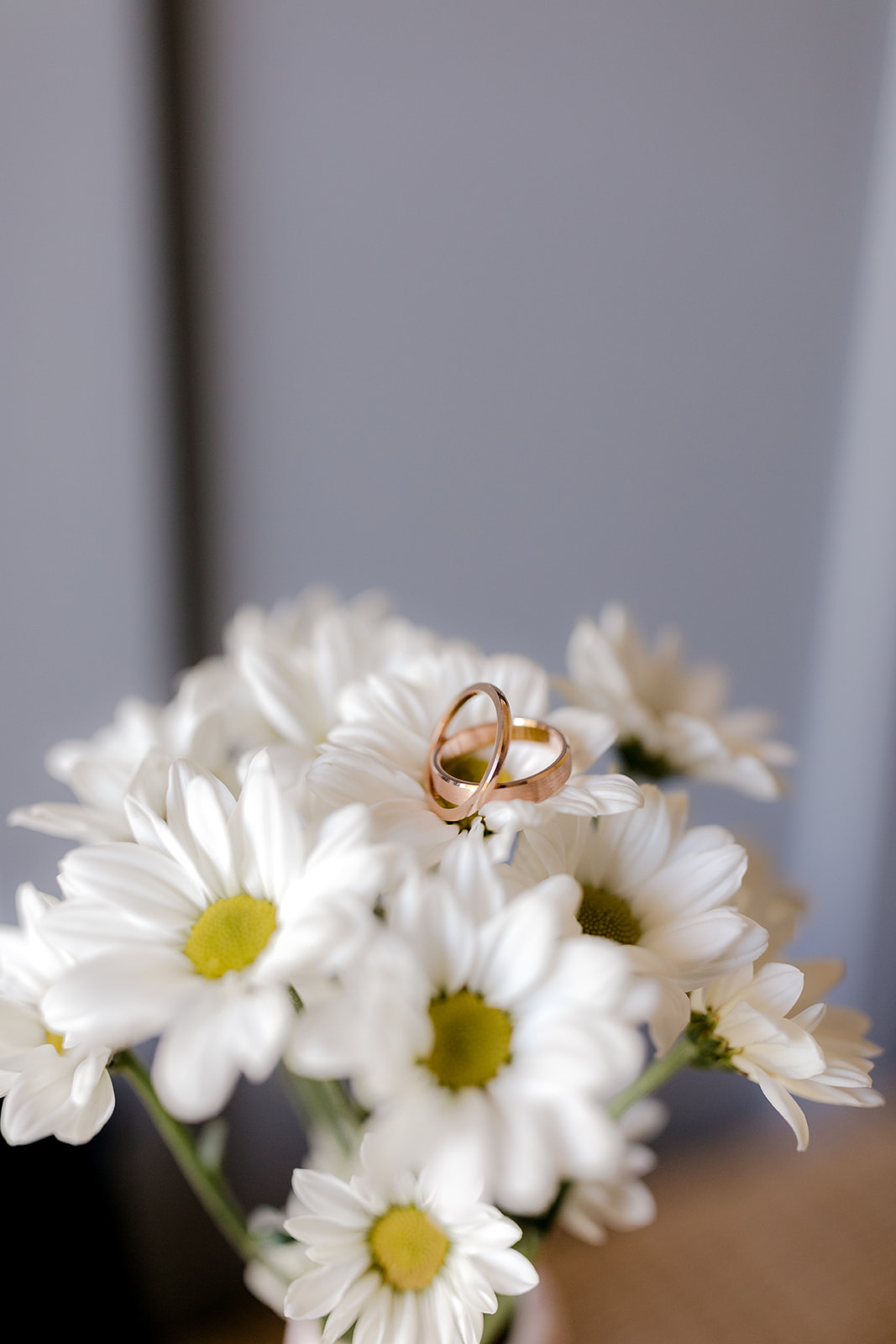 Close-up of wedding rings in flowers for an elegant country wedding.