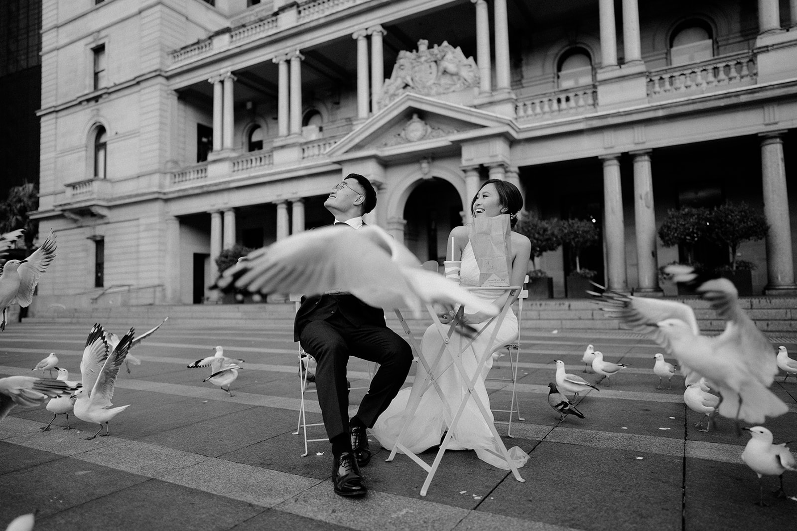 Bride and groom feeding the seagulls in Sydney
