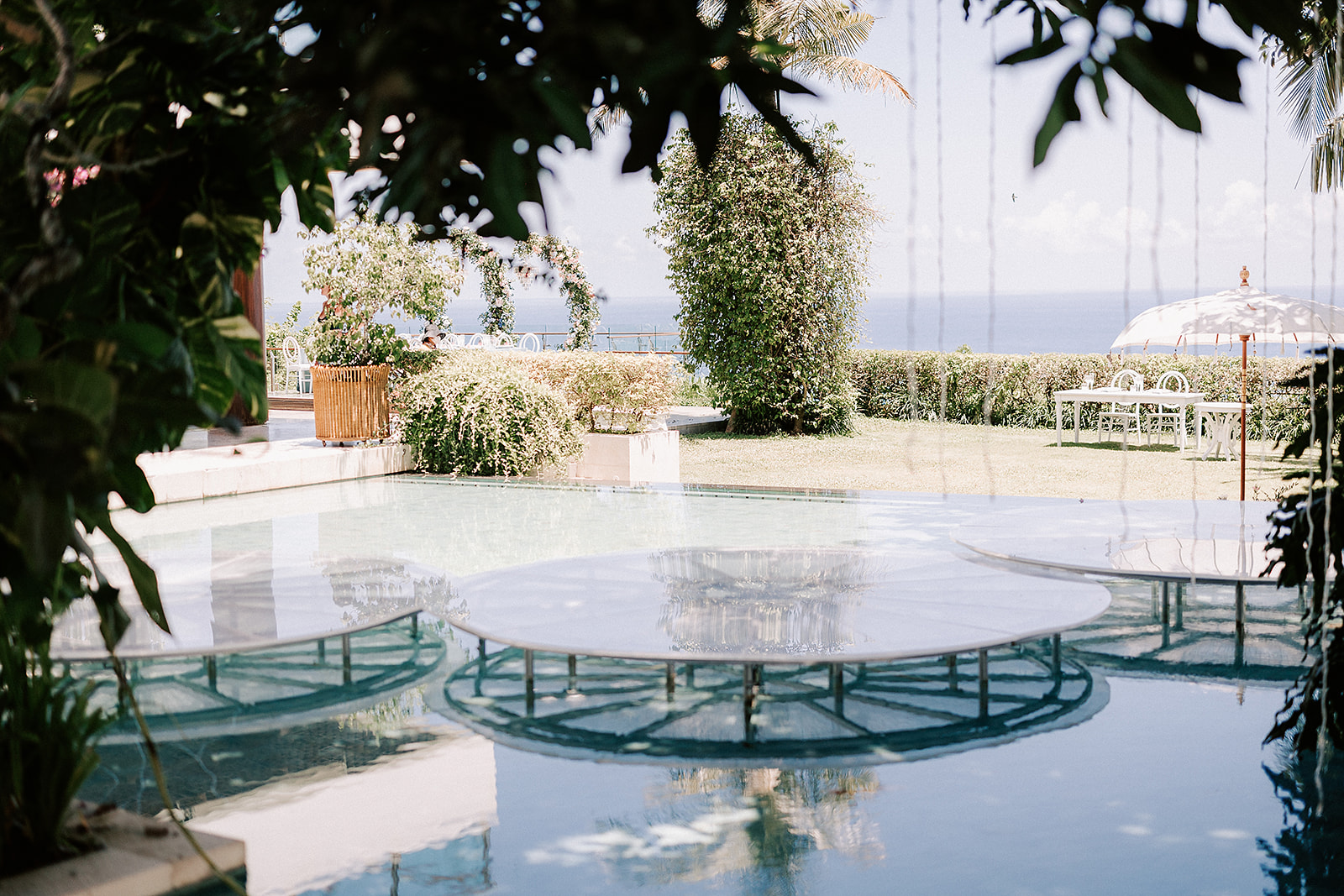 The solid lilypad design of the lagoon at Tirtha Bali, a perfect luxury wedding venue