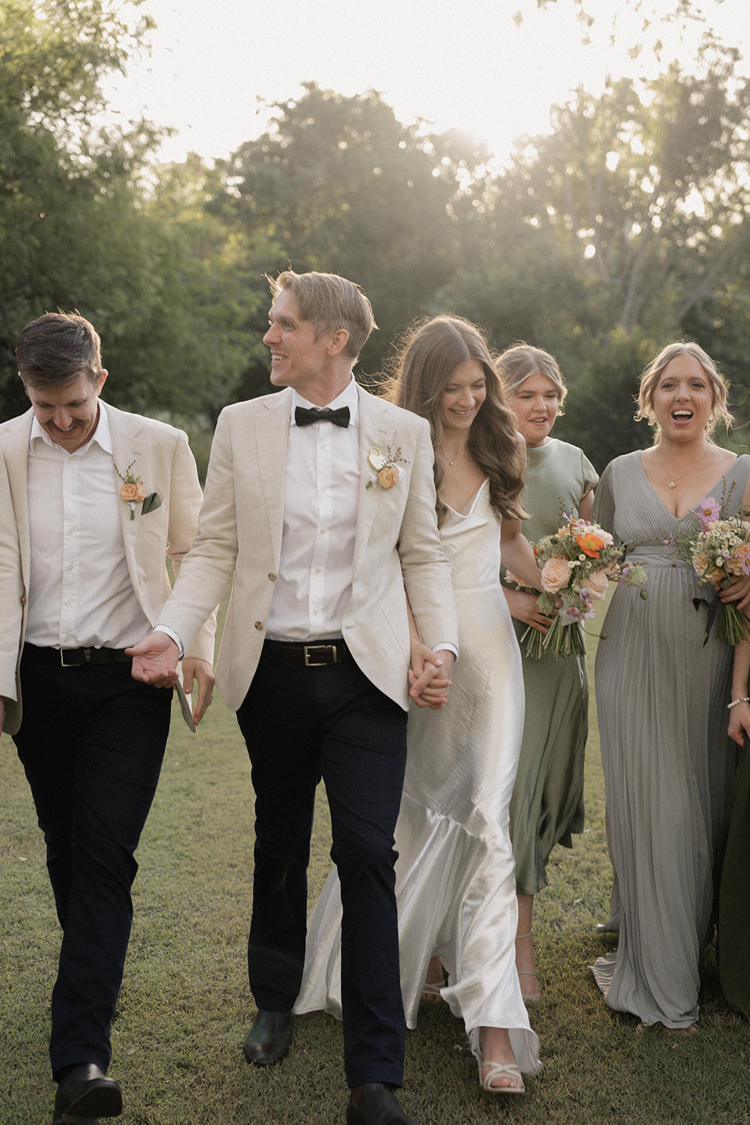 Brisbane editorial backyard wedding photography, candids of Bridal party in mixed green