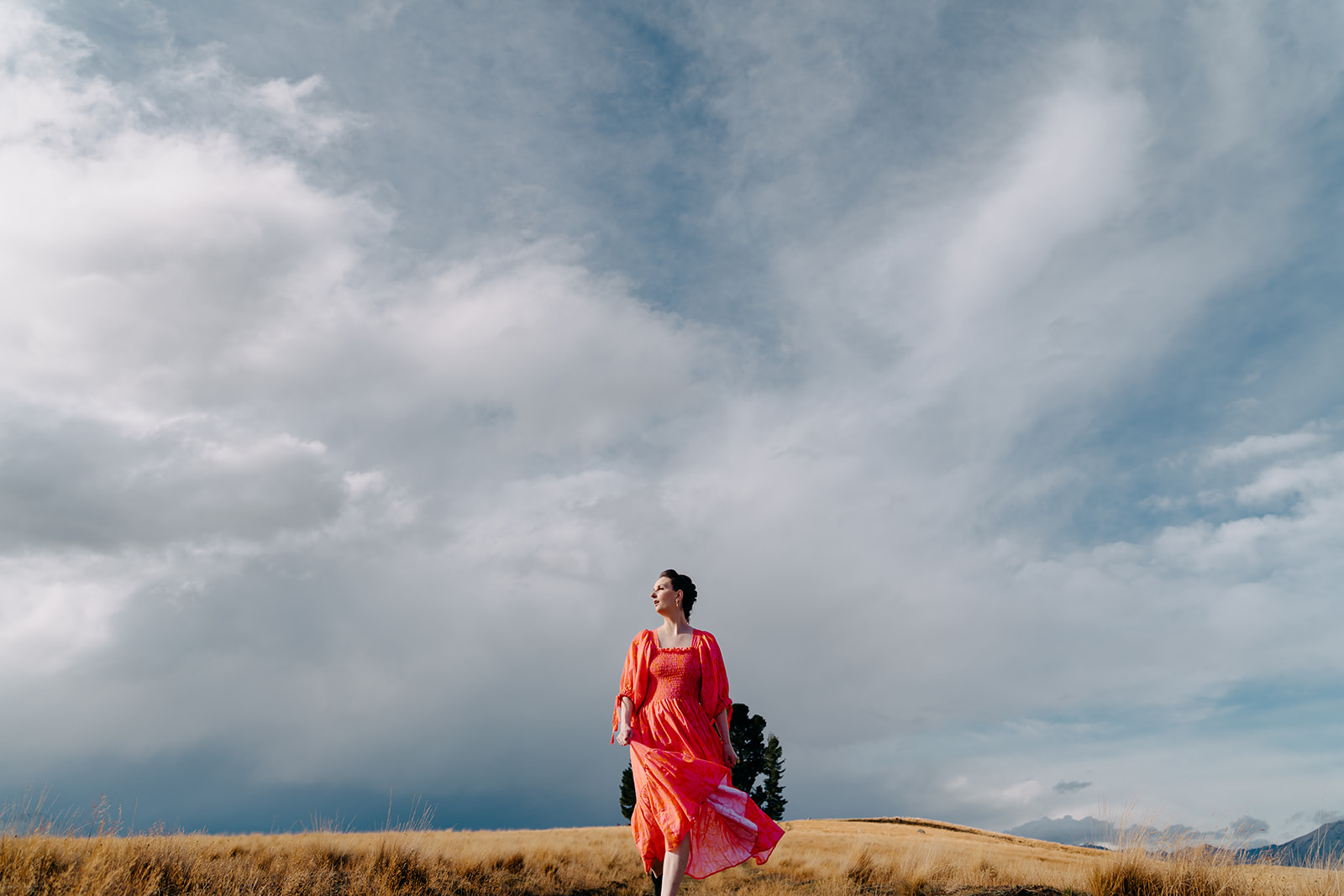 Model wearing a dress from my Keepers during fashion photoshoot at Lake Tekapo
