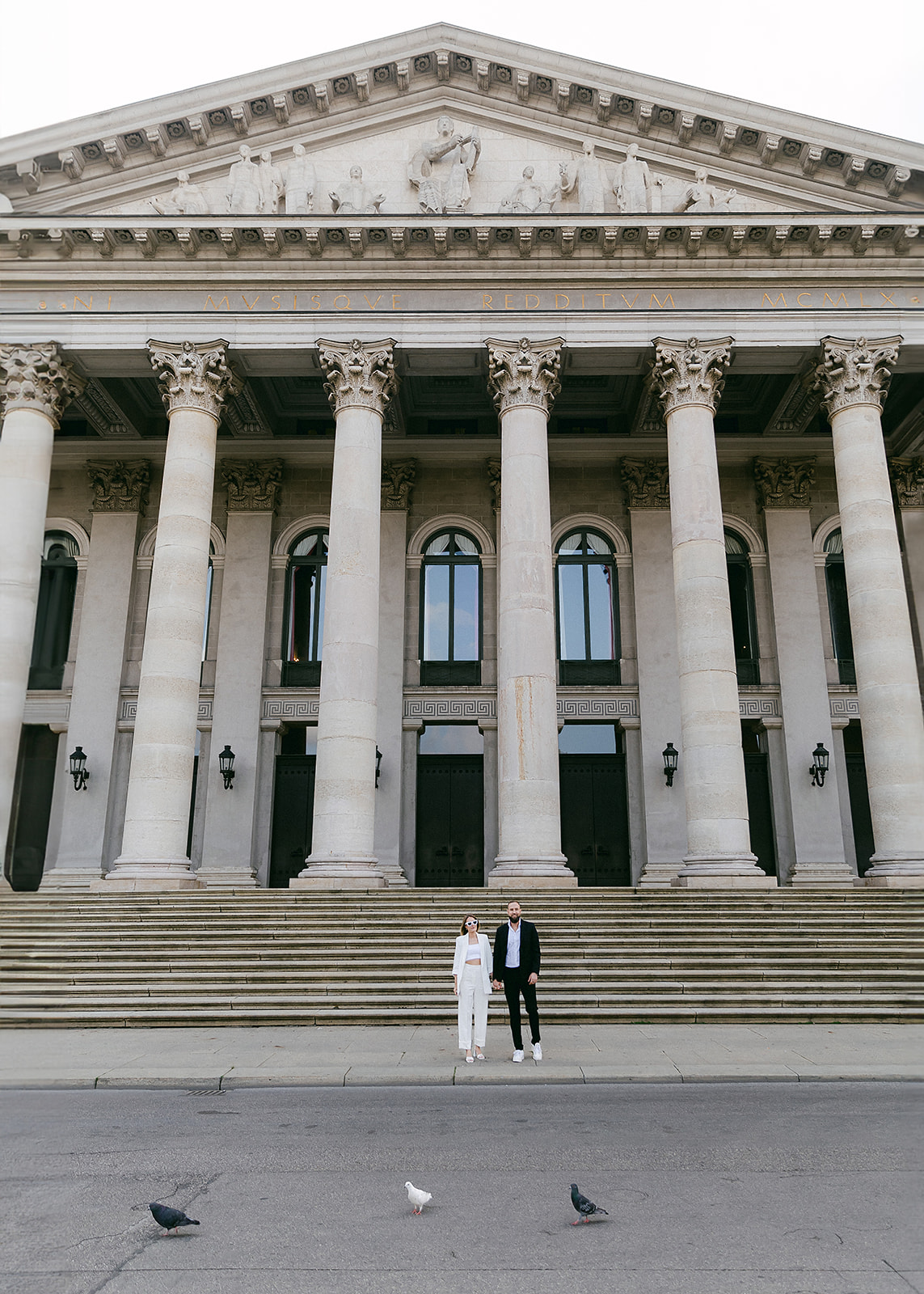 Bride and groom outside Munich Opera House, Bayerische Staatsoper