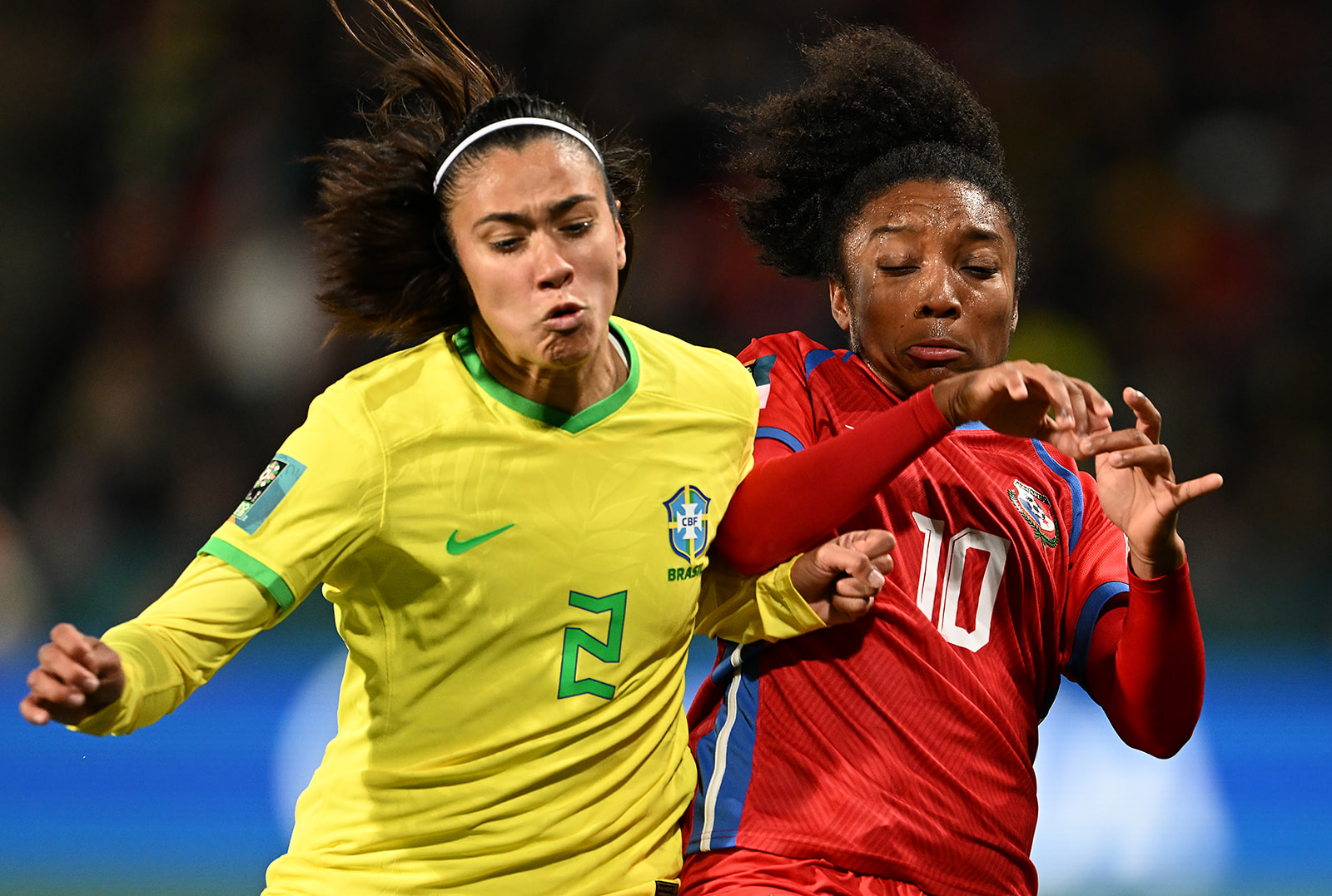 Antonia of Brazil and Marta Cox of Panama compete for the ball during the FIFA Women's World Cup Australia & NZ 2023.