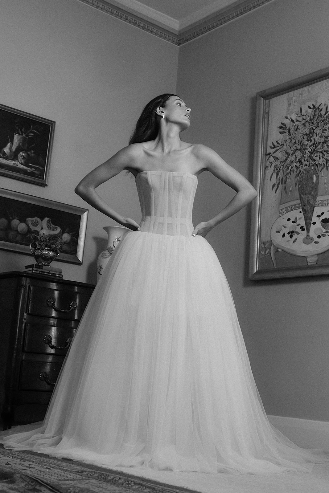 Ball gown with sheer corset detailing and drop-waist