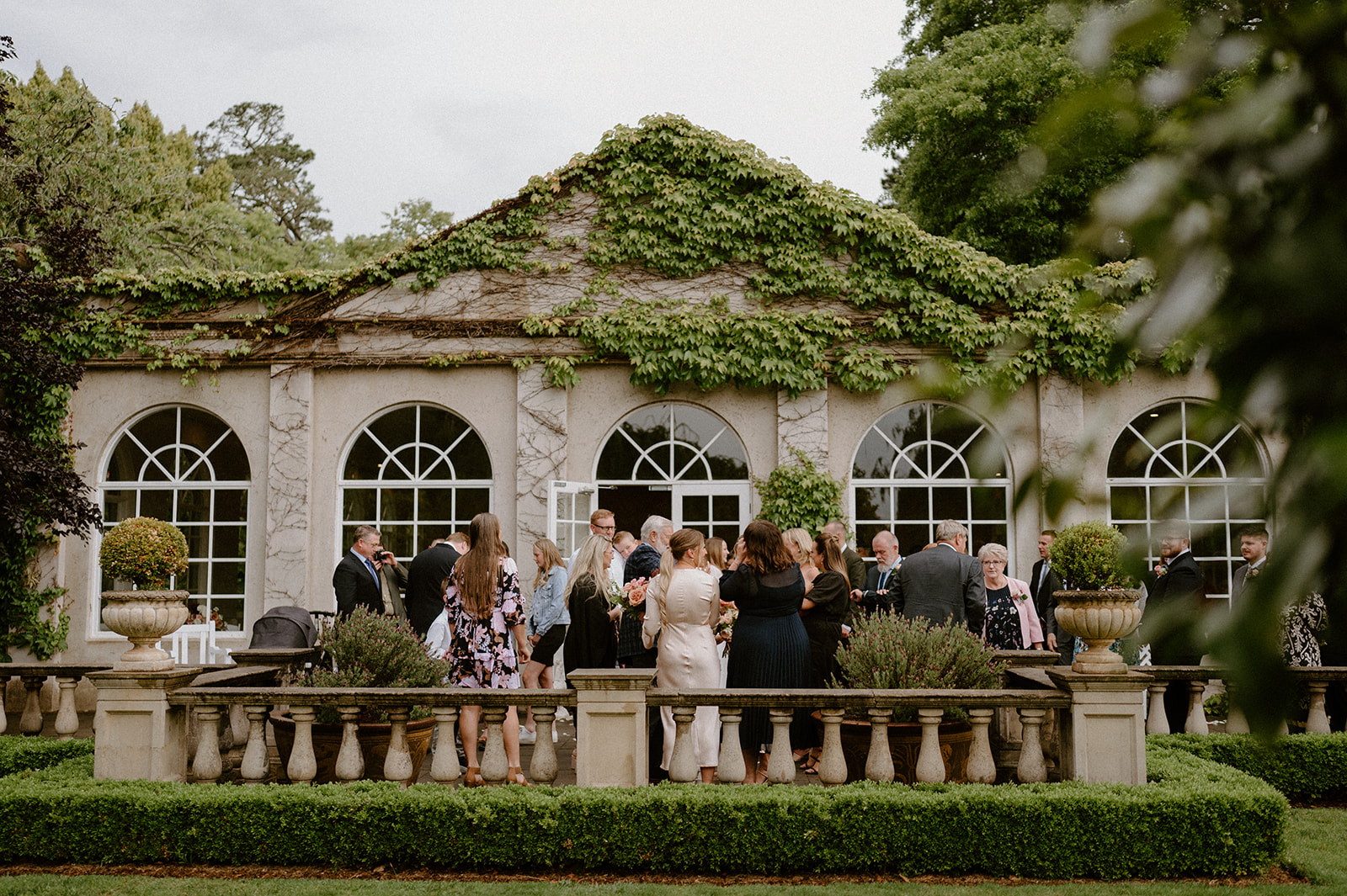 A congregation of guests in from of the ivy covered pool house at a Milton Park Country House wedding.