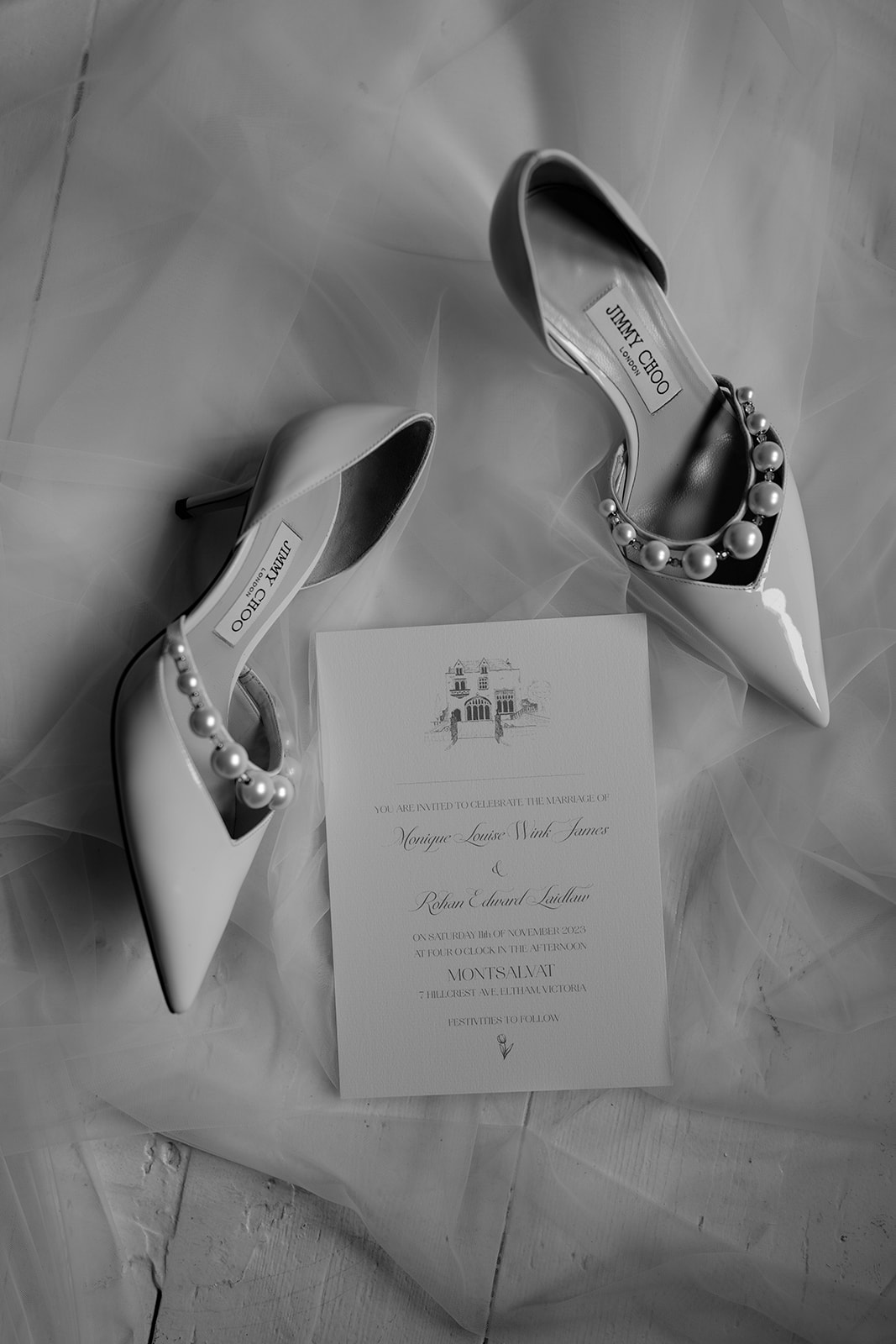 Close-up of elegant wedding shoes with intricate details, ready for a bride's special day at Montsalvat wedding venue.