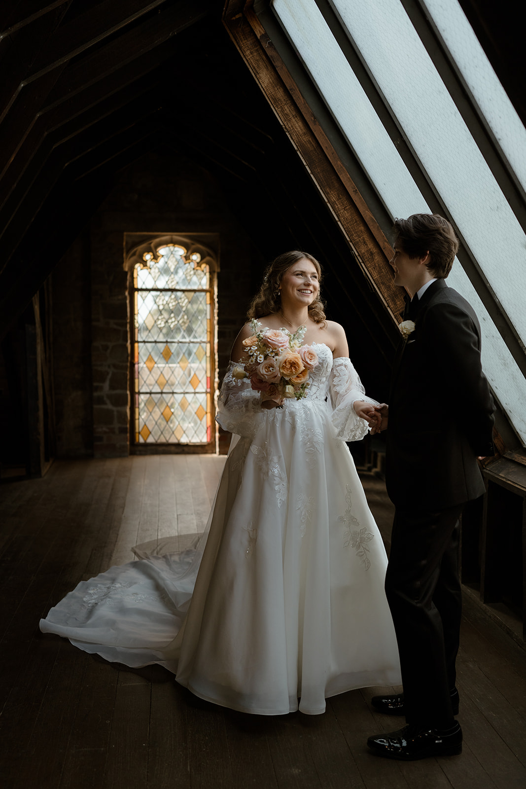 Romantic attic wedding portraits at Montsalvat, captured by Melbourne photographers
