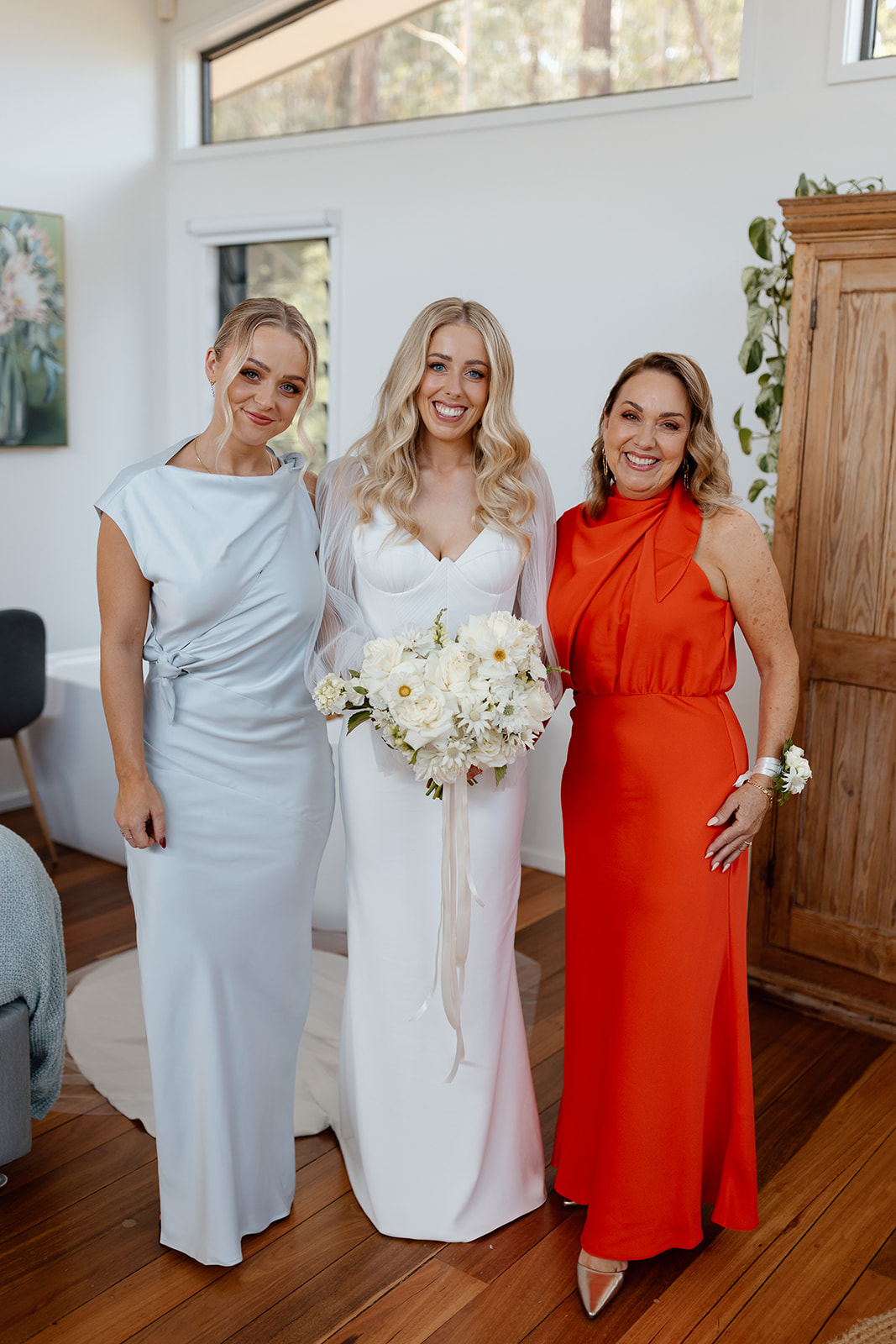 Bride with her mom and sister at the wedding in the South Coast Bawley Vale Estate