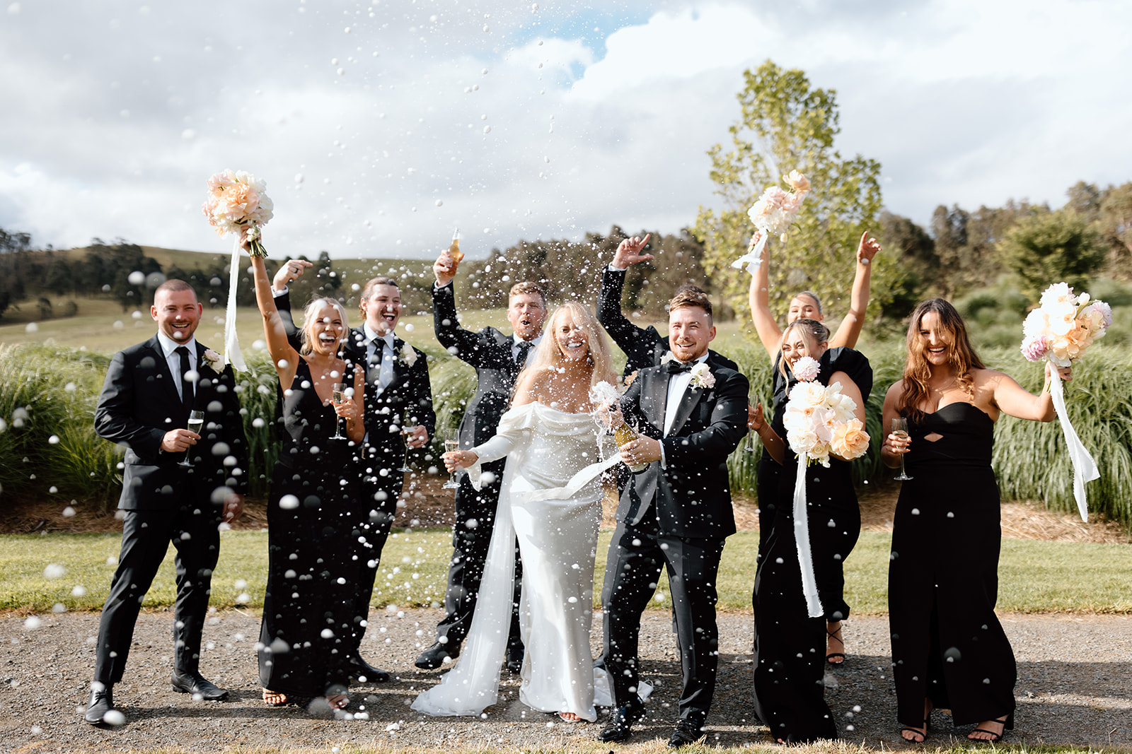 Couple together with their bridal party at the wedding in the Southern Highlands Bendooley Estate