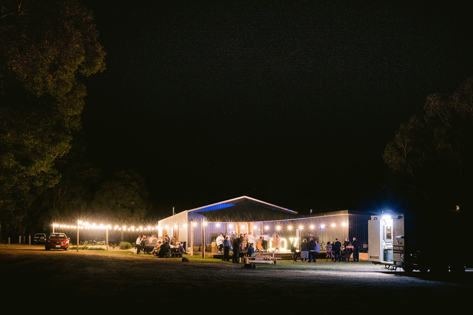 Wedding reception hall at Jarrahfall Bush Camp in Dwellingup. Dancing under the stars